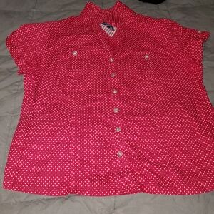 KAREN Scott polka dot red and white button up short sleeve shirt